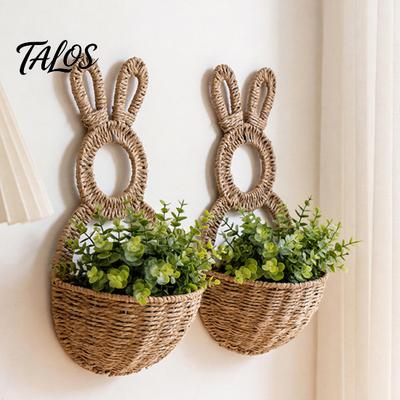 Lente Seizoensgebonden Muurdecoratie Paashaas Gevlochten Mand, Handgemaakte Konijn Rustieke Hangmand Woondecoratie voor Gedroogde of Kunstbloemen Planten,