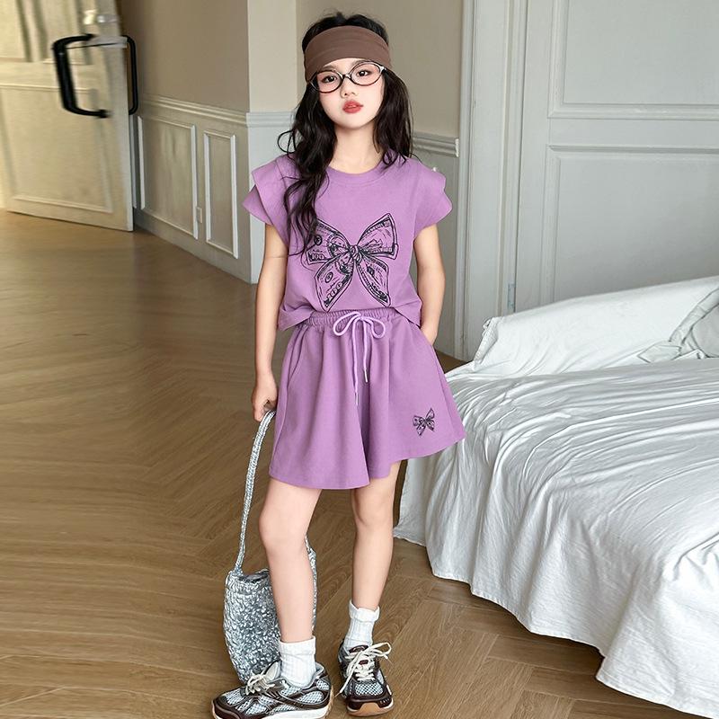 

2024 Korean Style Girls Summer Sports Two-Piece Set: Short Sleeve & Shorts 140 cm