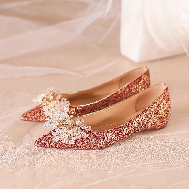 High-end crystal diamond red show clothes women's 2025 new flat-bottomed bridal shoes women's low heels can be worn by pregnant women