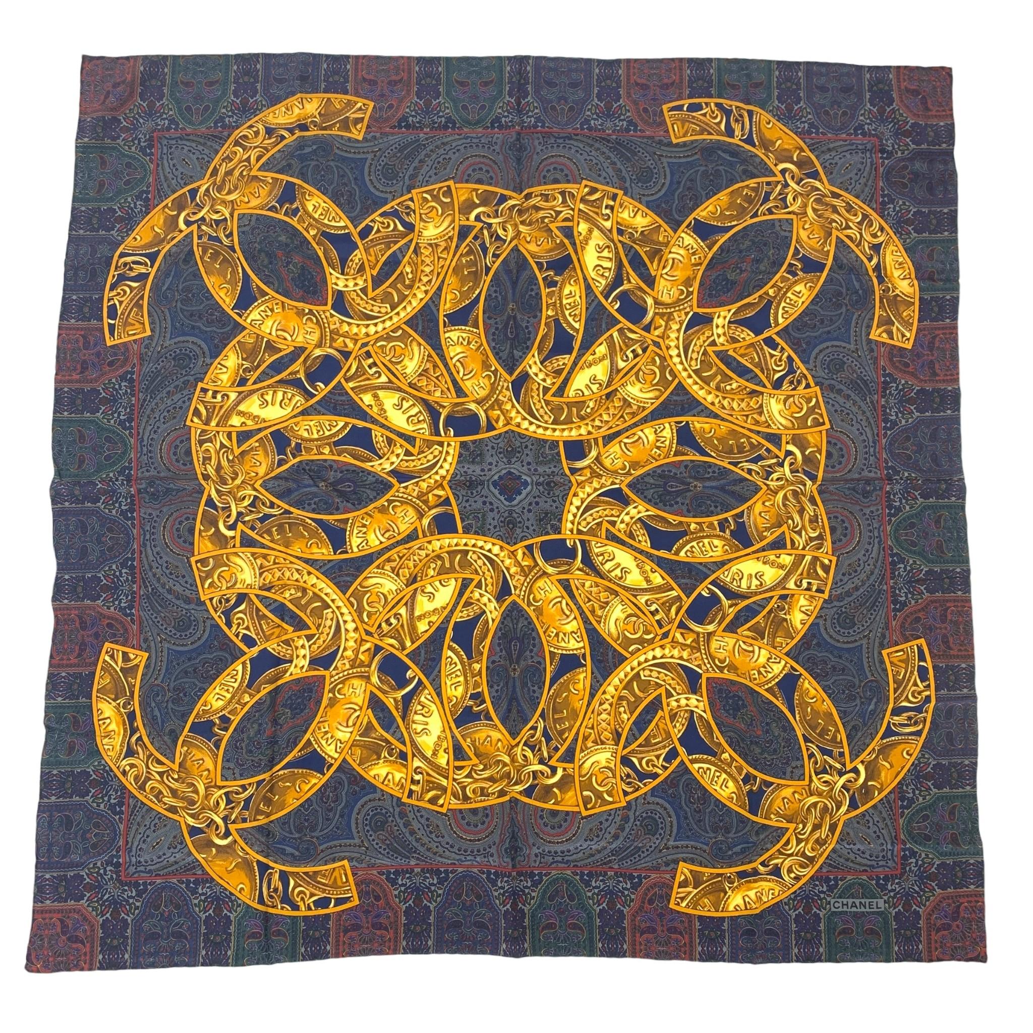 

Used Chanel Coco Mark Logo Paisley Gold Chain Scarf Silk Navy Authentic 1194