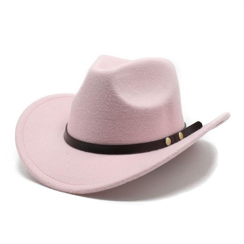 New Unisex Vintage Western Cowboy Cowgirl Felt Hat With Punk Belt Winter Autumn Panama Imitation Wool Jazz Cap