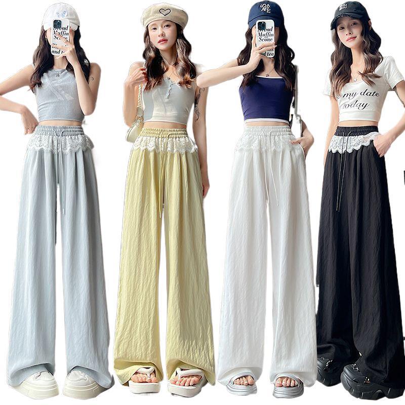 High-Waist Lace Splice Women's Spring/Summer Loose Straight-Leg Pants