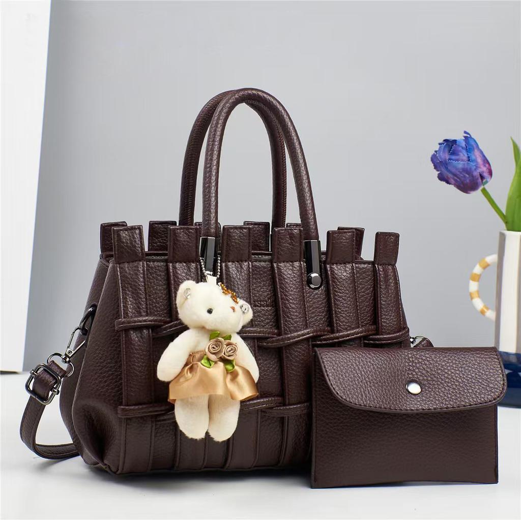 Lychee Leather Handbag and Purse For Women, Ladies Top Handle Satchel Tote with Hanging Ornament, Girls Crossbody Shoulder Bags