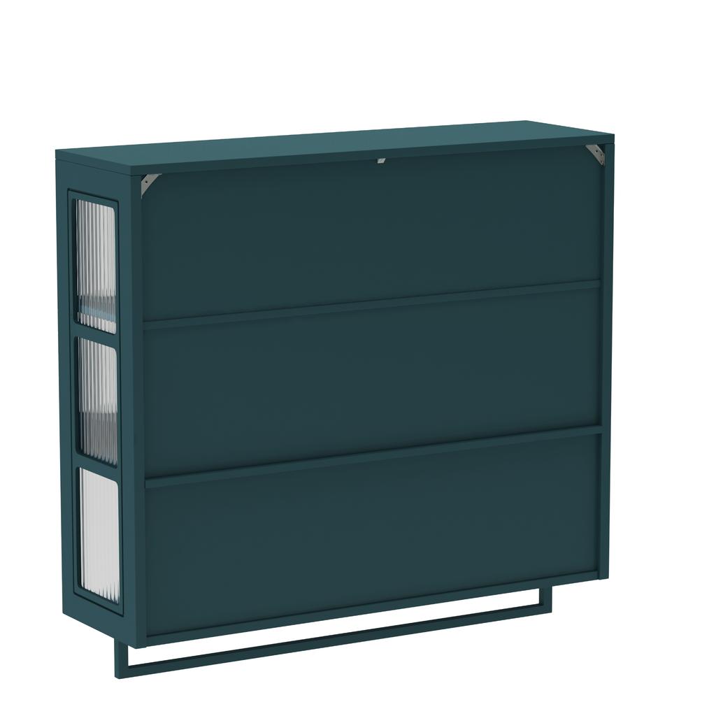 Bathroom Wall Cabinet, 3-Door, Open and Hidden Storage, Glass Door, Towel Bar, for Entryway Living Room Bathroom Dining Room, Dark Green