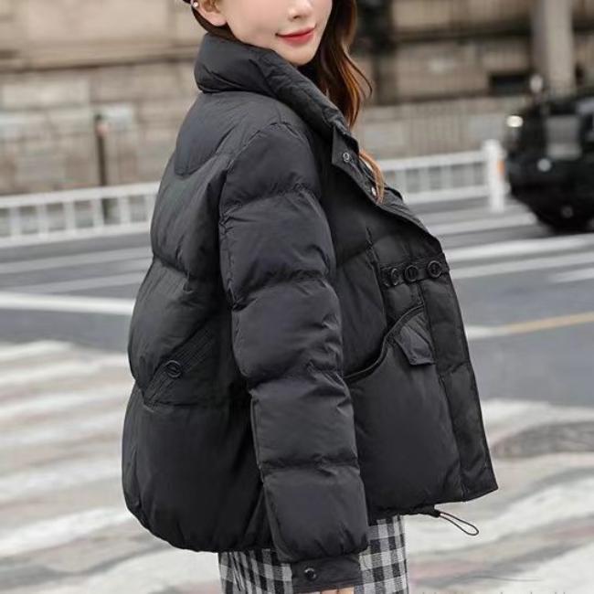 Winter Women Short Padded Coat Stand Collar Warm Three Button Chinese Style Jacket