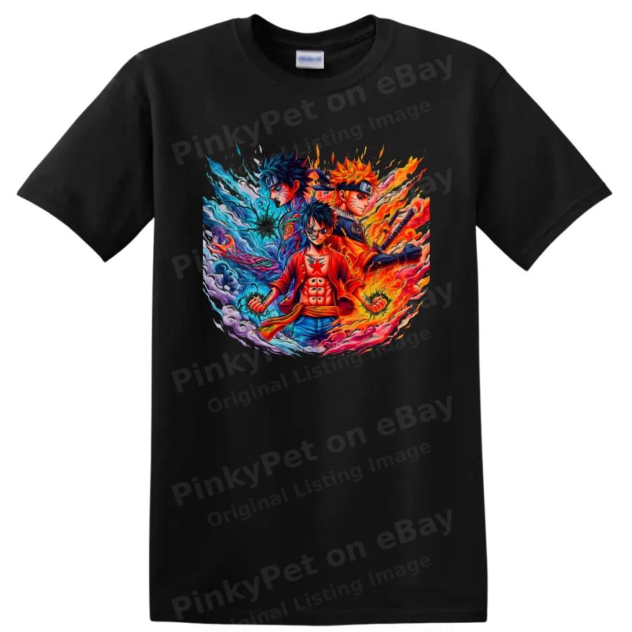 Monkey D Luffy Naruto Uzumaki Sasuke Uchiha Anime T Shirt Fire Ice Action Tee