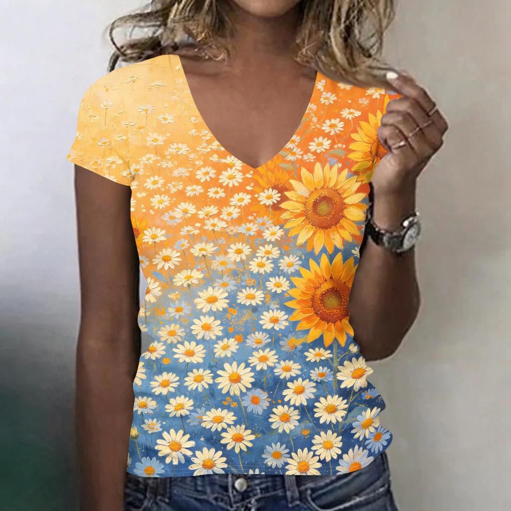 Women's Casual V Neck Short Sleeve Floral Print T Shirt Top Lightweight Breathable Summer Tee Shirt for Daily Wear
