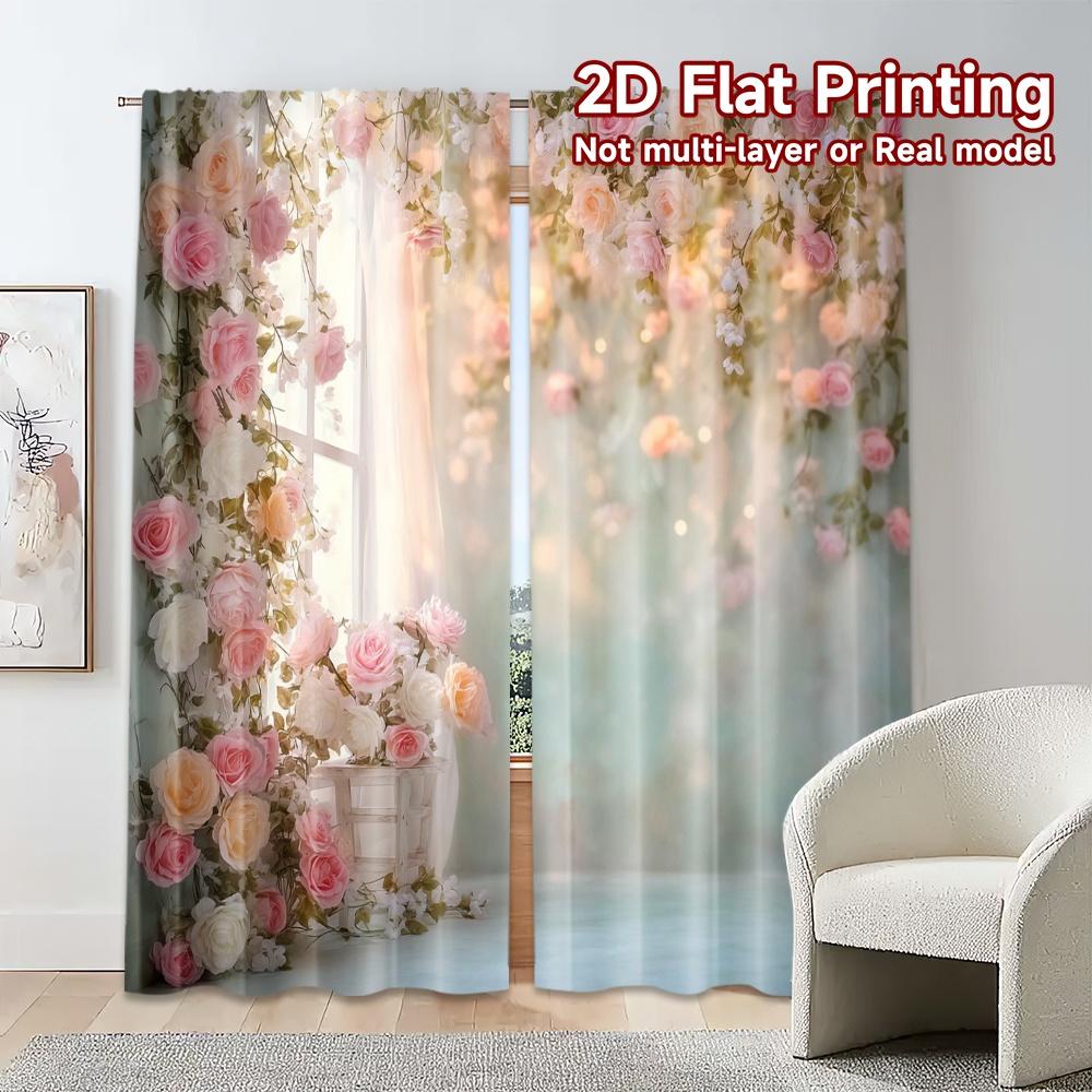 2pcs, 2D FLAT PRINTING Curtains (Without Rod) Rose Serenity Popular Window Curtain Versatile Polyester Fabric Curtains