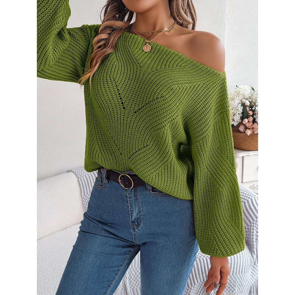 Automne et Hiver, Décontracté, Ajouré, Une Épaule Dégagée, Haut, Manches Lanterne, Pull Chaud, Vêtements pour Femmes