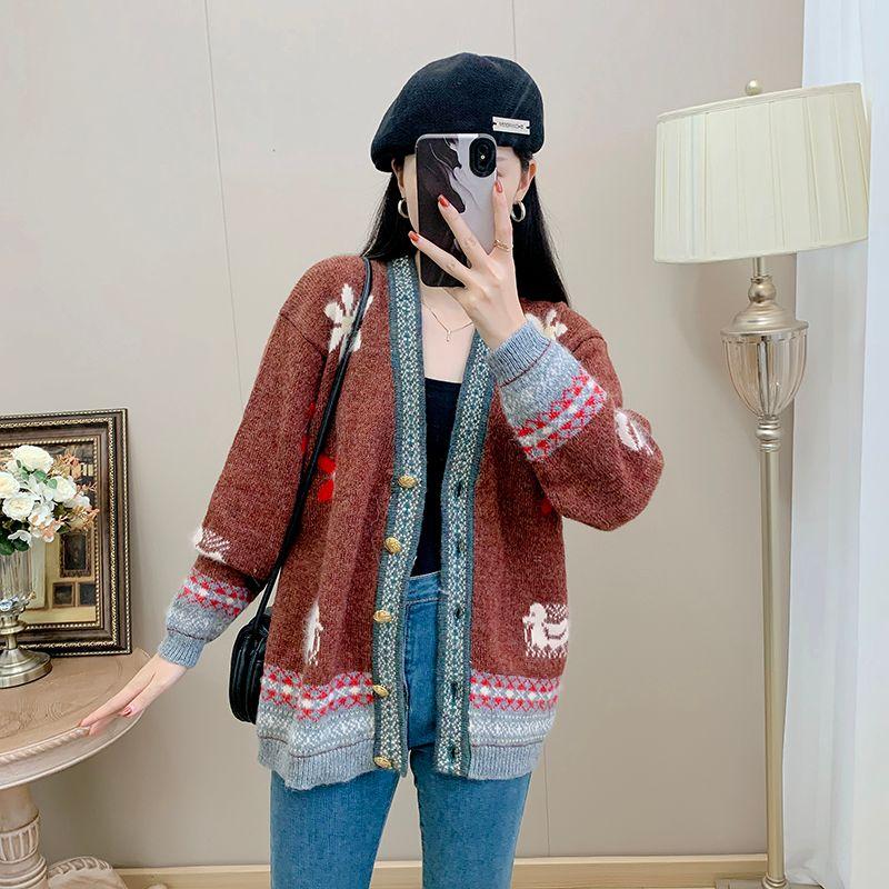 

Sunshine House Autumn and Winter Retro Jacquard V Neck Long Sleeve Sweater Coat Wool Women s Clothing Thick Sweater Cardigan Plus Size Embroidered Red Bust size 124
