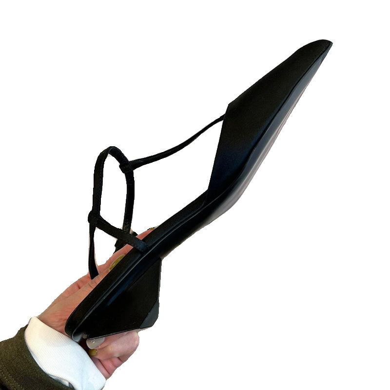 Triangular bag head cat heel sandals women's thick heel new summer satin middle heel pointed single shoes