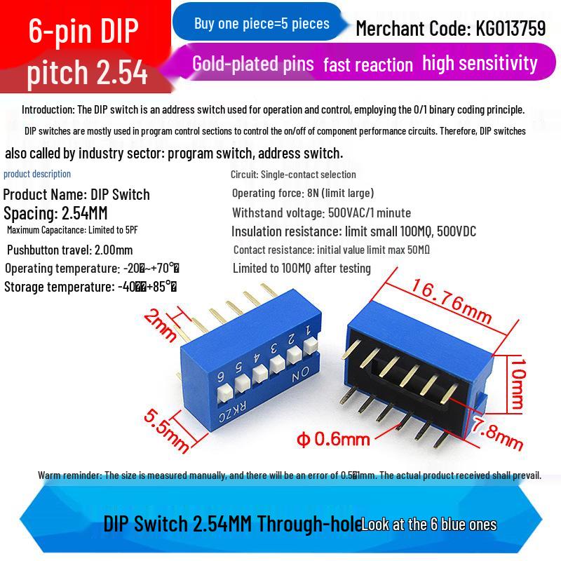 SMD DIP Switch, Flat Toggle, 2P 4-10 Positions, 2.54mm, Red/Blue/Black
