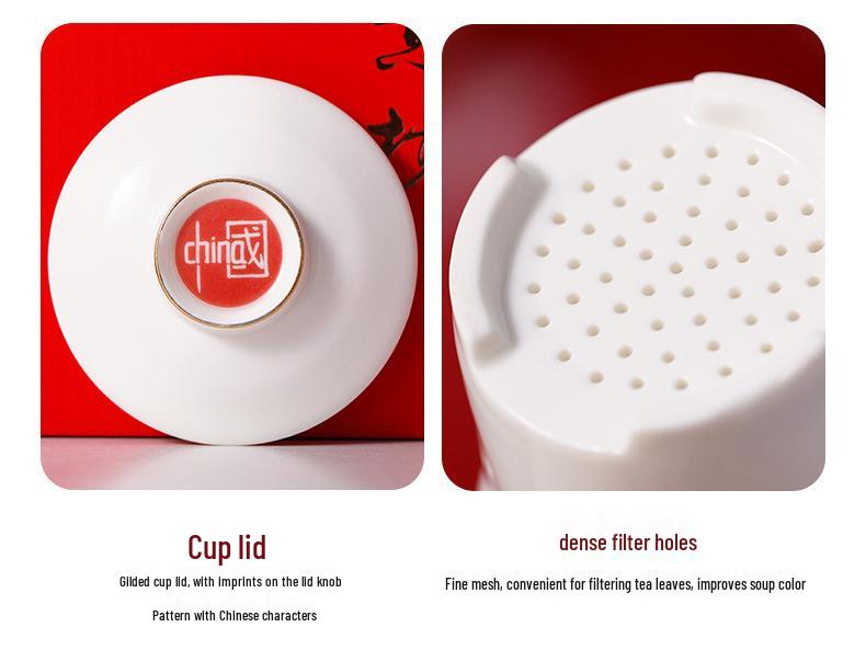 Chinese Style Ceramic Tea Cup with Lid, Filter, and Logo