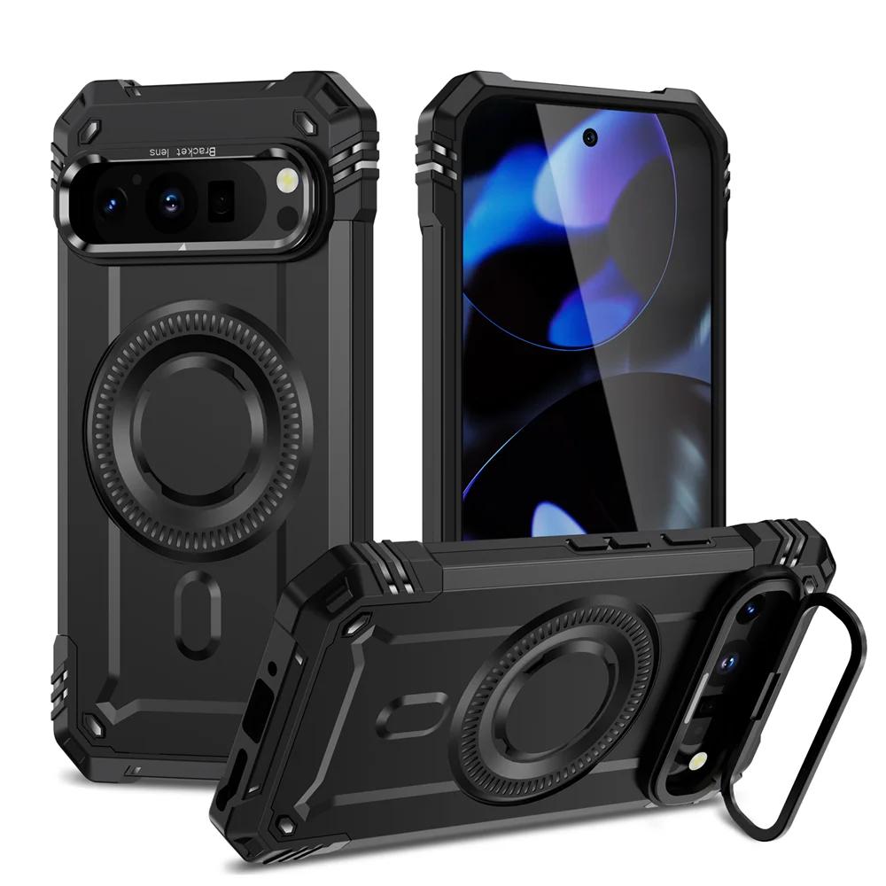 Magnetic Support Wireless Charging Camera Bracket Phone Case for Google Pixel 9 Pro XL Hard Shell Shockproof Protection Cover