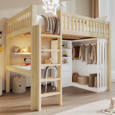 Loft Bed, 140*200cm, Desk, Wardrobe, 3 Drawers, Open Storage Space, Railing, Stairs, Without Mattress, Natural
