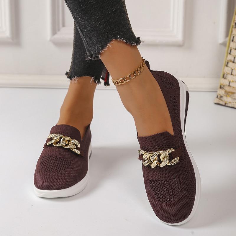 Fashion Autumn New Flat Shoes Women's Fashion Round Head Flannelette Mesh Hollow Metal Chain Soft Sole Non-slip Single Shoes