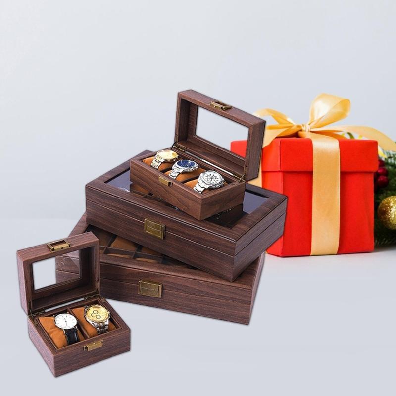 2/3/6/10/12 Grid Watch Box Wood Watch Cases Display Holder Wristwatch Organizer Jewelry Gift Box with Clear Lid & Pillow