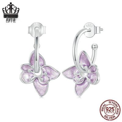 Everle Purple Flower Stud Earrings: S925 Sterling Silver with White Gold Plating for Women