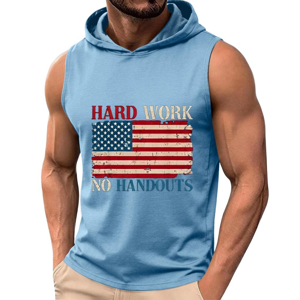 Men's Sleeveless Hoodie Tank Top Casual Muscle Shirt with American Flag Graphic Print Hard Work No Handouts Design for Summer