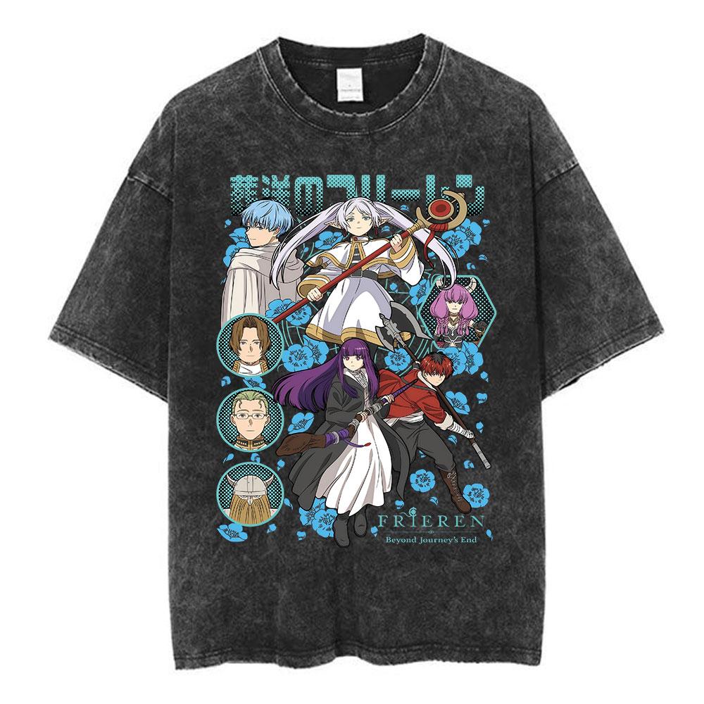 Anime Frieren Beyond Journeys End Frieren Washed Vintage Tshirt Men Women Fashion Manga Tshirts High Quality Cotton T Shirts