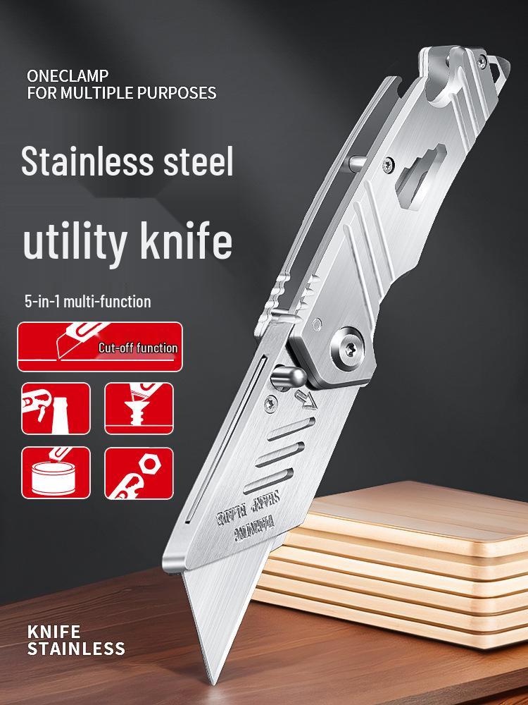 DEWO Heavy-Duty Stainless Steel Electrician's Folding Utility Knife with Cable and Wire Stripper, Thickened Hook.