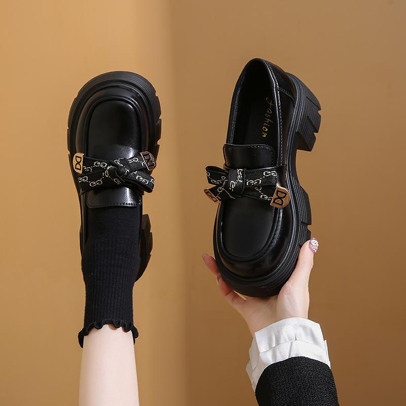 Spring Single Shoes Women's Retro Small Leather Shoes Women's Platform Muffin Shoes Bow One Pedal