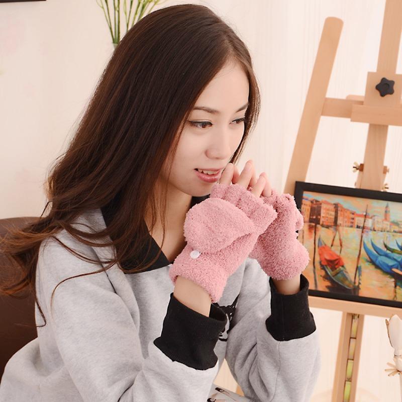 Niedliche Korallenfleece-Tau-Halbfinger-Klapp-Tastaturhandschuhe, Damen Herbst- und Winter-verdickte warme Plüschhandschuhe