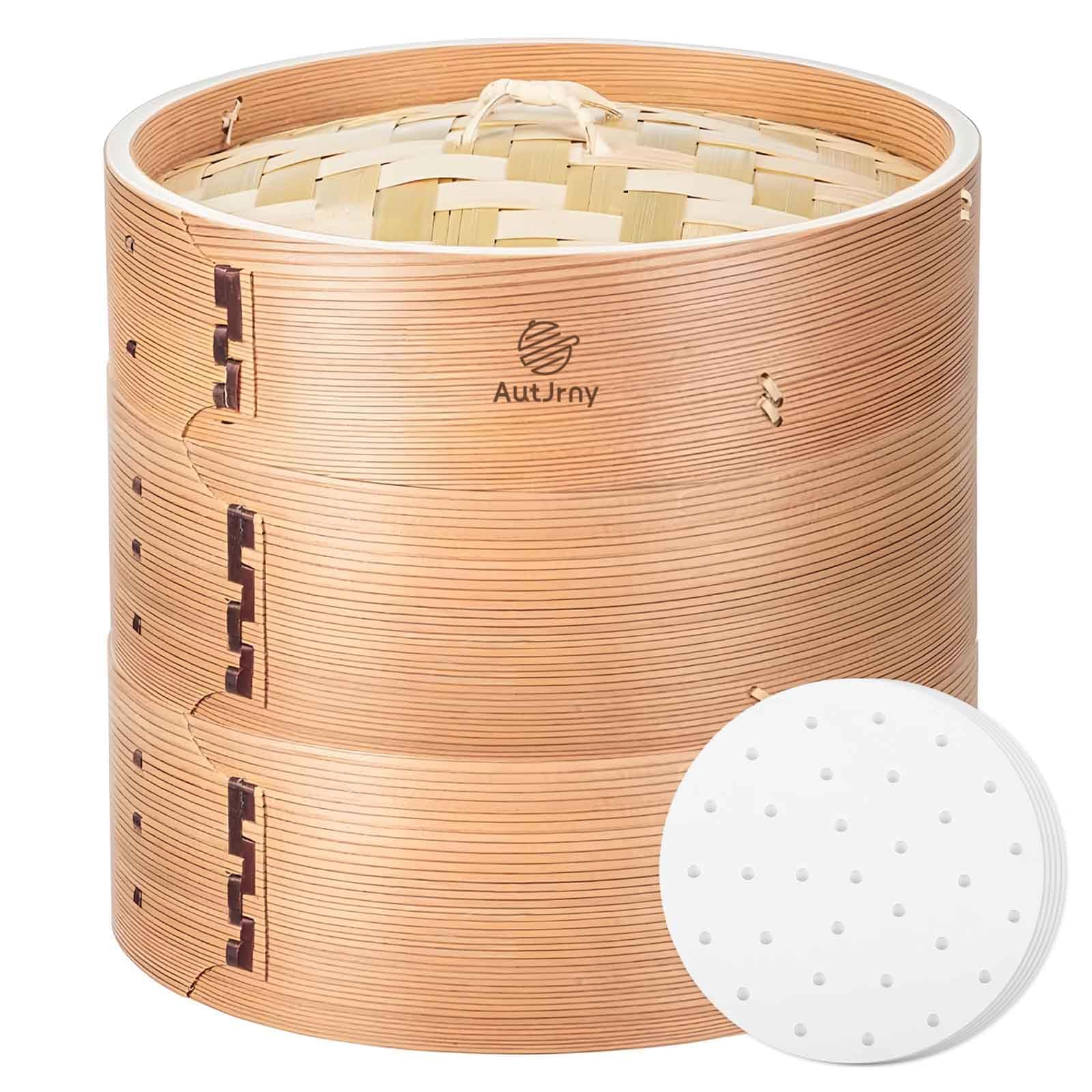 Deep cedar steamer 21cm with set includes steamer Chinese steamer 50 dedicated paper basket, deep, 2-tier, lid, basket, basket, sheets.