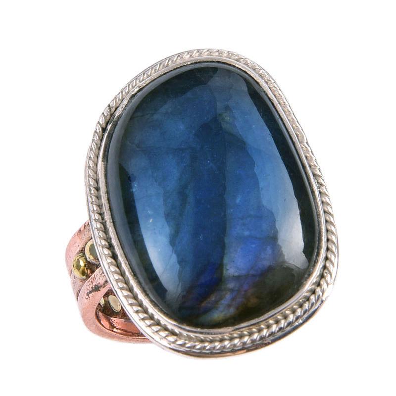 Natural Labradorite Gemstone Handmade 925 Sterling Silver Two Tone Ring S.9 S3r59