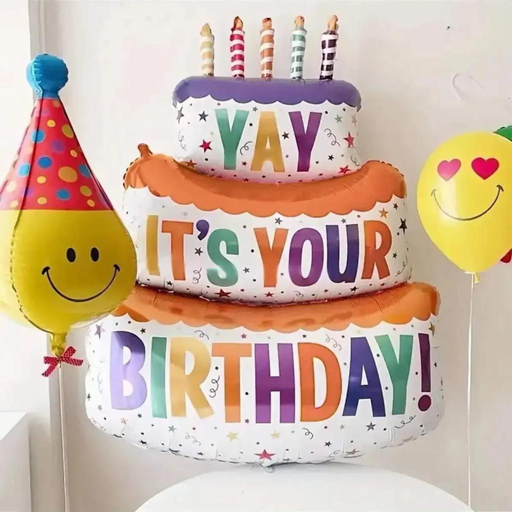 1pc-Birthday Balloons Colorful Candles Three Tier Cake Aluminum Foil Balloons Birthday Party Decoration Supplies