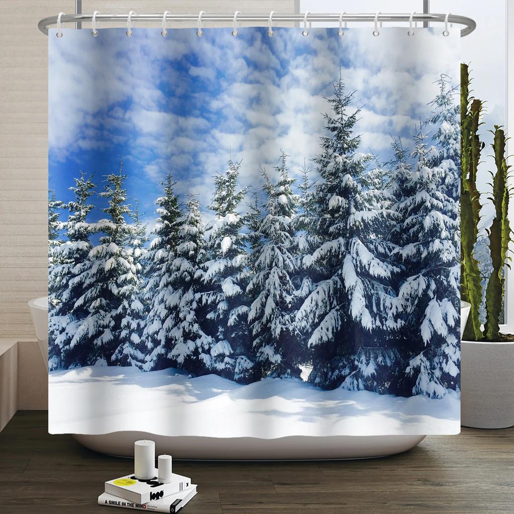 Winter Christmas Shower Curtains Natural Forest Snow Landscape Home Bathroom Curtain Waterproof Washable Bathtub Screen Decor
