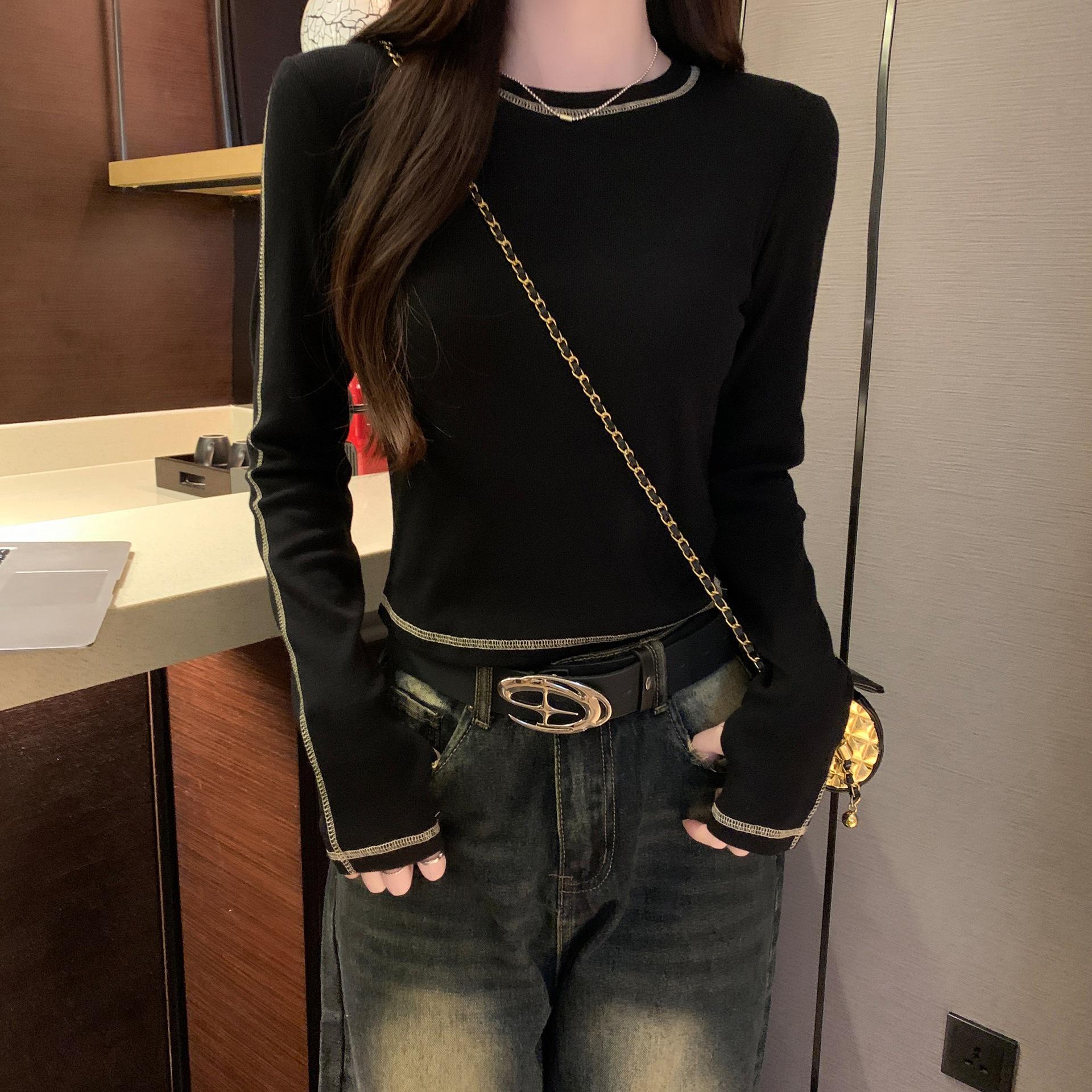 Women s Coffee-Hued Retro Short-Sleeve Drop-Shoulder T-Shirt, Spring Niche Design, Ideal for Layering Large чёрный