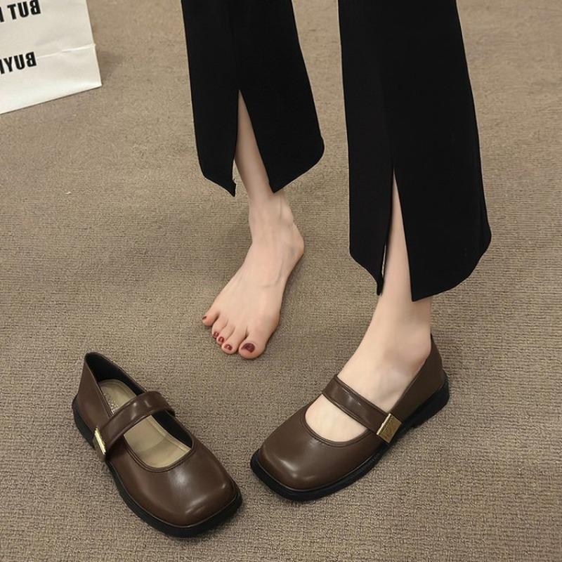 Retro Brown Square Head Mary Jane Shoes Women's New Casual Velvet Light Mouth Single Shoes Women's Flat Bottom