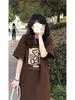 Plus-Size Women's American Retro Brown Cartoon T-Shirt - Summer Pure Cotton, High Street Style, Loose Fit, Trendy Short Sleeve Top