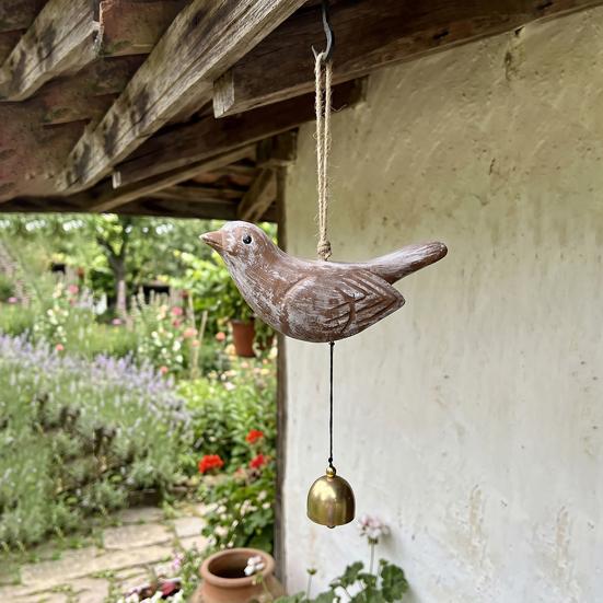 Rustic Wood Bird Wind Chime, Vintage Bird Sculpture Hanging Bell Pendant for Farmhouse, Patio, Garden, Balcony, Window Decor