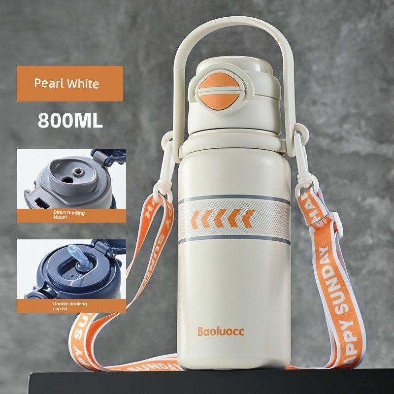 Travel Handle Insulated Thermos Large Capacity Thermos Cup for Women with High Aesthetic Value, Thermos Cup with Straw, 316 Stainless Steel Water Cup Pearl White 800ml