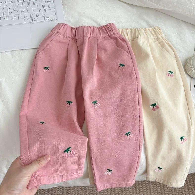 Girls Casual Pants Autumn Cherry Sweet Embroidery Loose Autumn Outfit for Girls Stylish Baby Girl Pants Spring