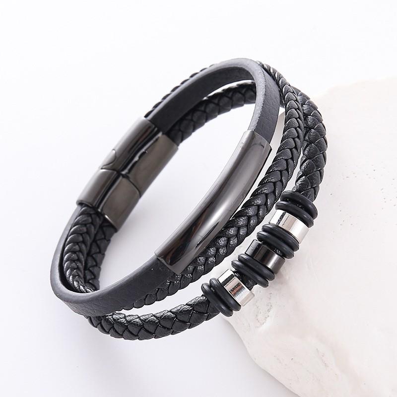 Mens Minimalist Multi-Layer Leather Rope Bracelet Stainless Steel Adjustable Woven Cuff Casual Fashion