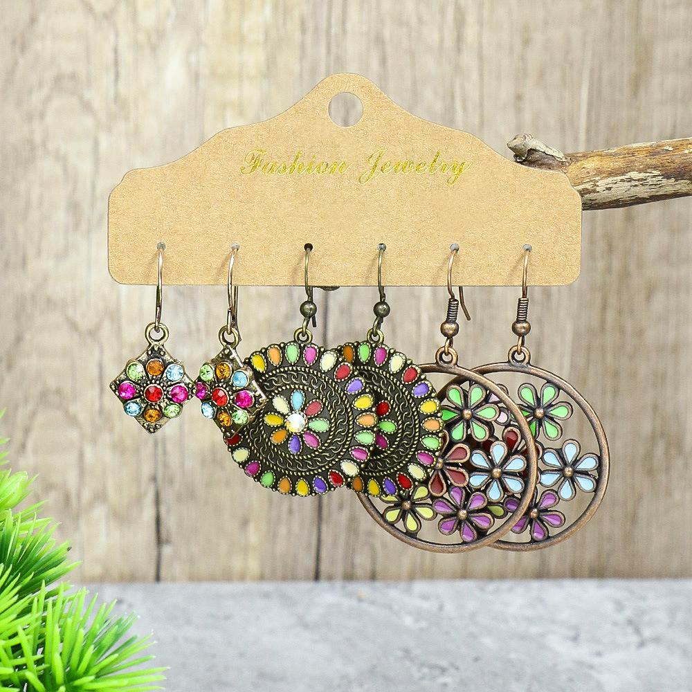 Bohemian Ethnic Style Earrings Set for Women Creative Retro Drop Oil Rhinestoen Water Drop Tassel Earring Female Jewelry