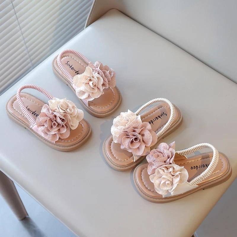 Toddlers Girls Beach Shoes Elastic Band Big Floral Kids Princess Sandals with Flowers Sweet Children Sandals 2025 Summer New Hot