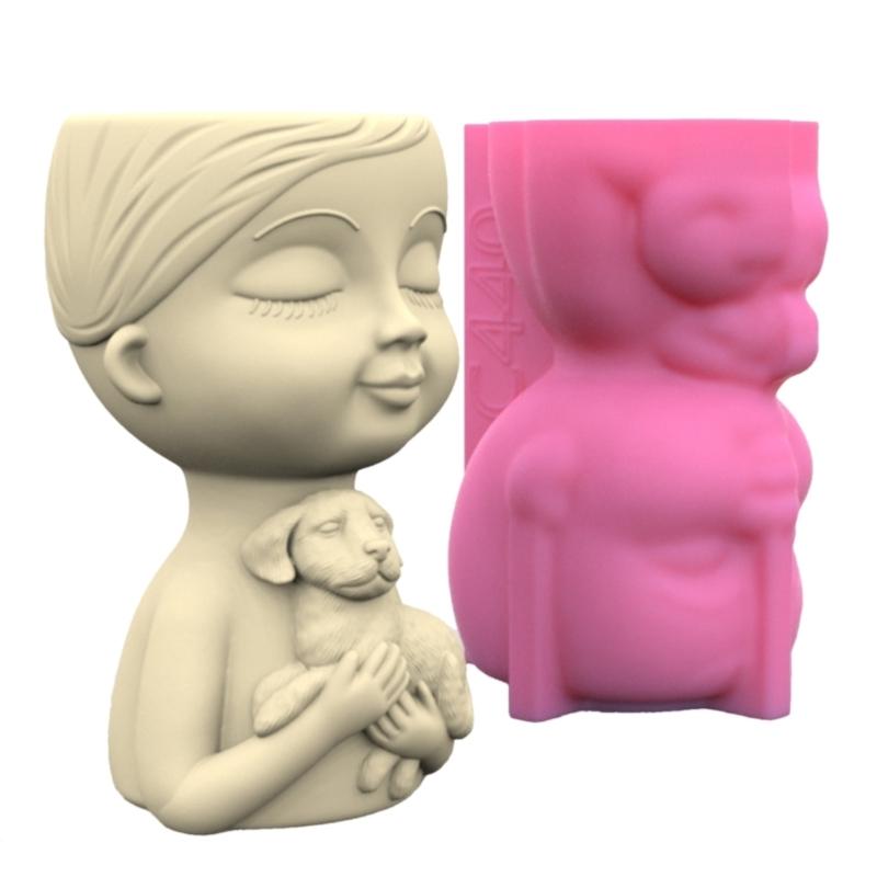 Boy and Puppy Succulent Pot Mold for DIY Concrete Flower Pots Resin Mold Pen Holder Resin Mold Desktop Decoration Home