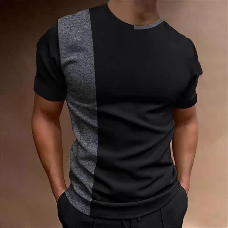 Men Summer New Printed Color Block Short Sleeve Crew Neck T Shirt Casual Contrast Top
