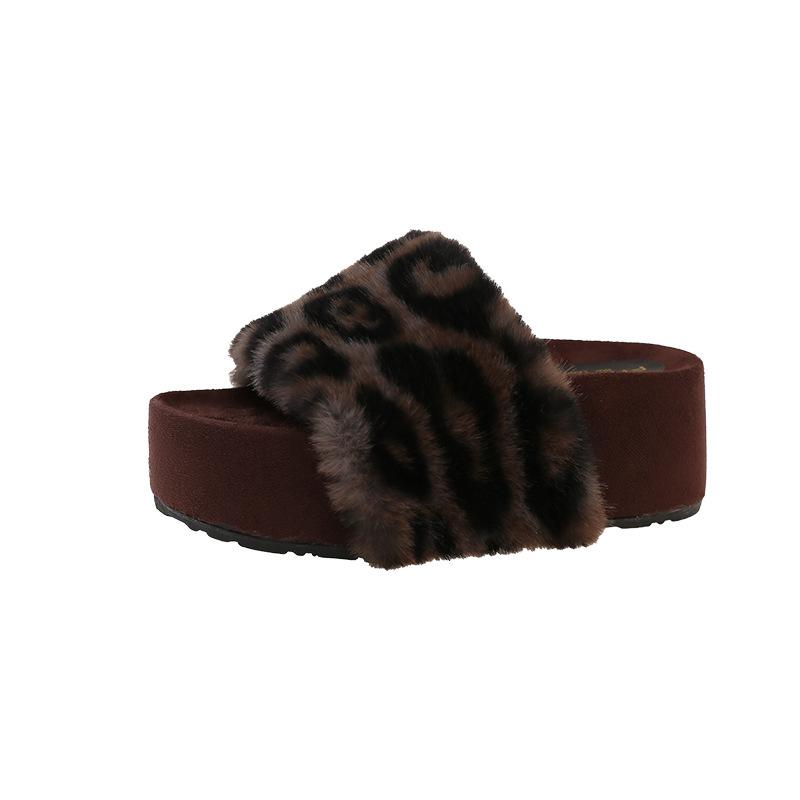 Retro one-word fluffy slippers women's outer slippers autumn and winter casual versatile gentle leopard print thick-bottomed plush cotton mop