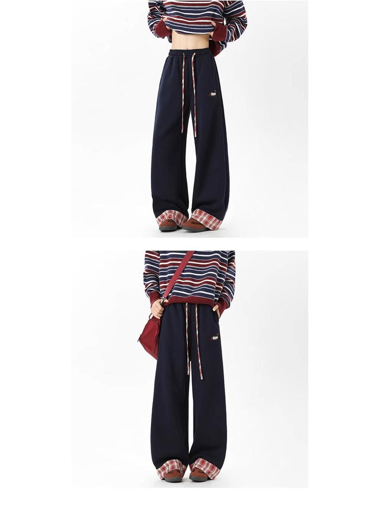 Plaid Patchwork Grey Unisex Sweatpants, Heavyweight, Loose Straight Leg, Sporty Casual Wear for Spring and Autumn.