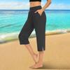 Women  Elastic High Waist 3/4 Pant Casual Active  Fit Wide Capris Leg Pants Trousers With Pockets