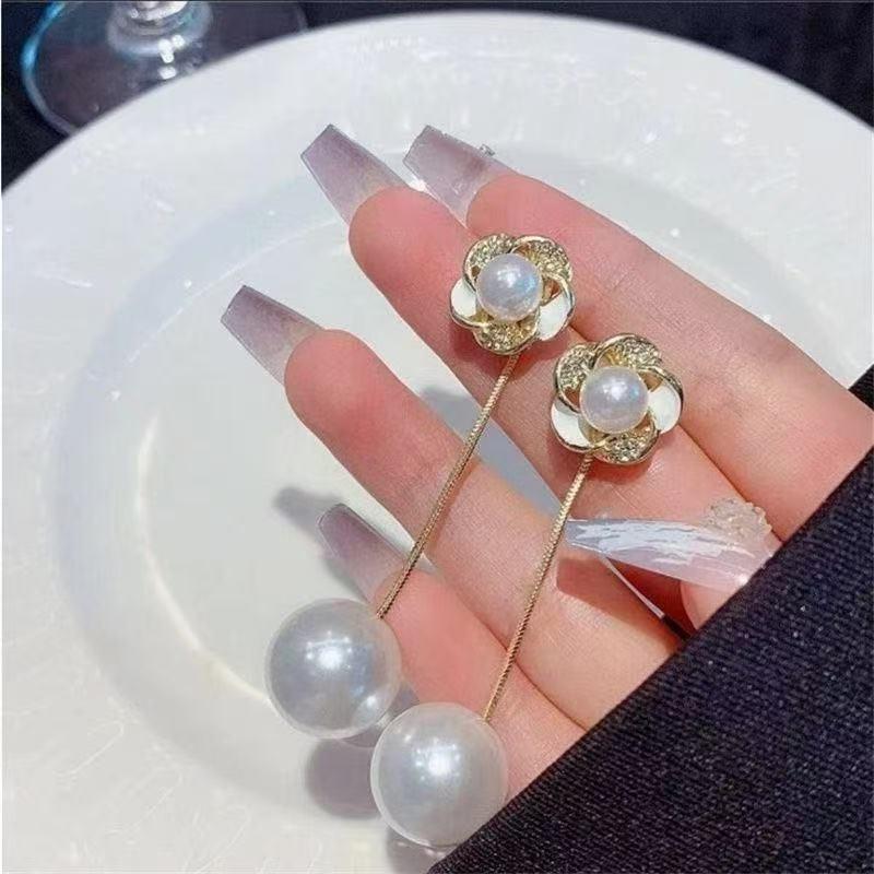 Elegant Rhinestone Flower Pearl Tassel Earrings for Women - Convertible Wear
