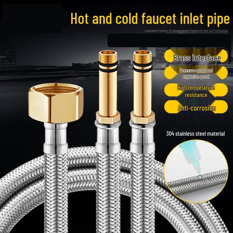 Stainless Steel Braided High-Pressure Faucet Water Supply Hose, 4-Point, Hot/Cold Compatible. 60cm Single Stainless Steel with Brass Cap