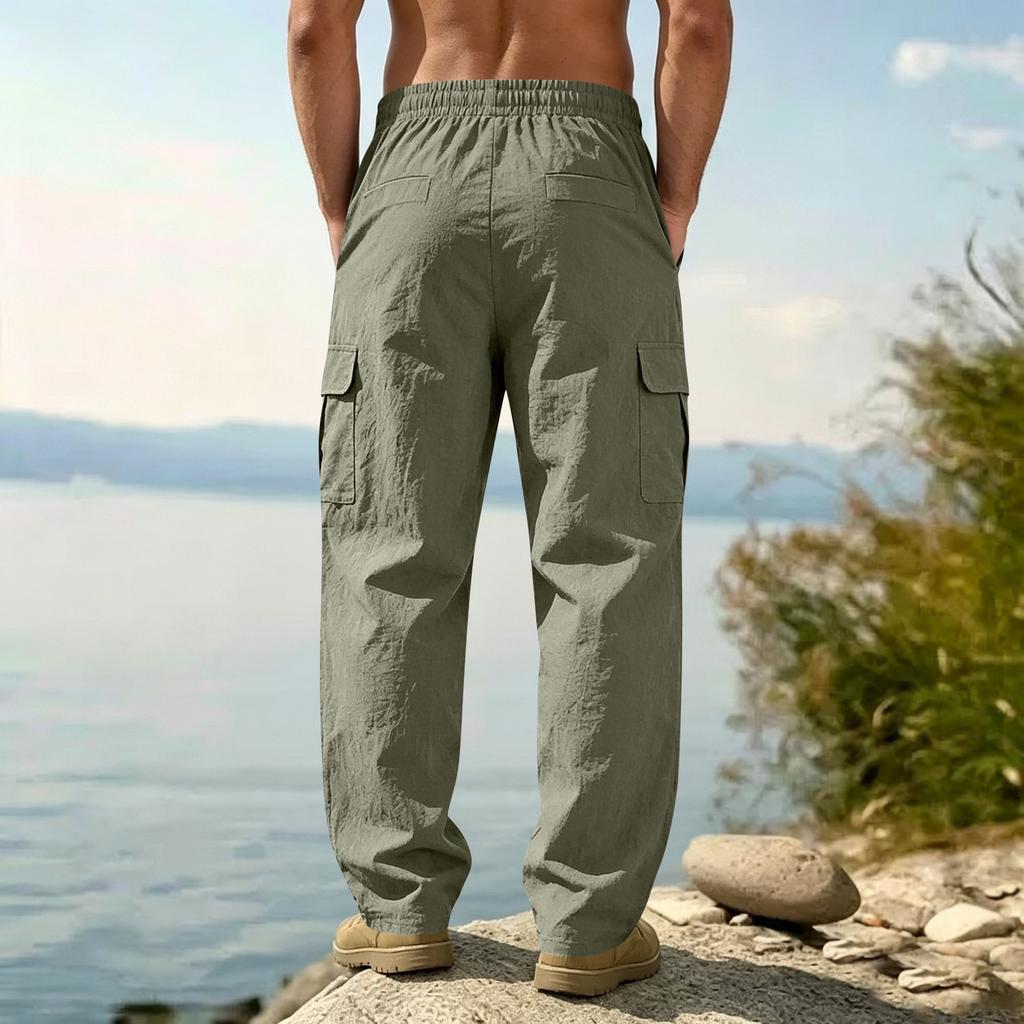 Herren Leinen Baumwolle Weite Hosen, Leichte Lockere Cargo Hosen mit Mehreren Taschen, Lässige Sommer Strand Hosen
