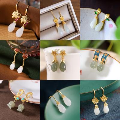 Designer Original New Natural Hetian Jade Magnolia Plant Exquisite Earrings Chinese Style Elegant Ladies  Jewelry