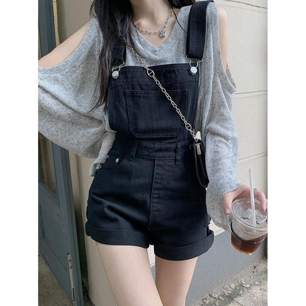 Off-Shoulder Sun Protection Shirt & Versatile Denim Overall Shorts for Women